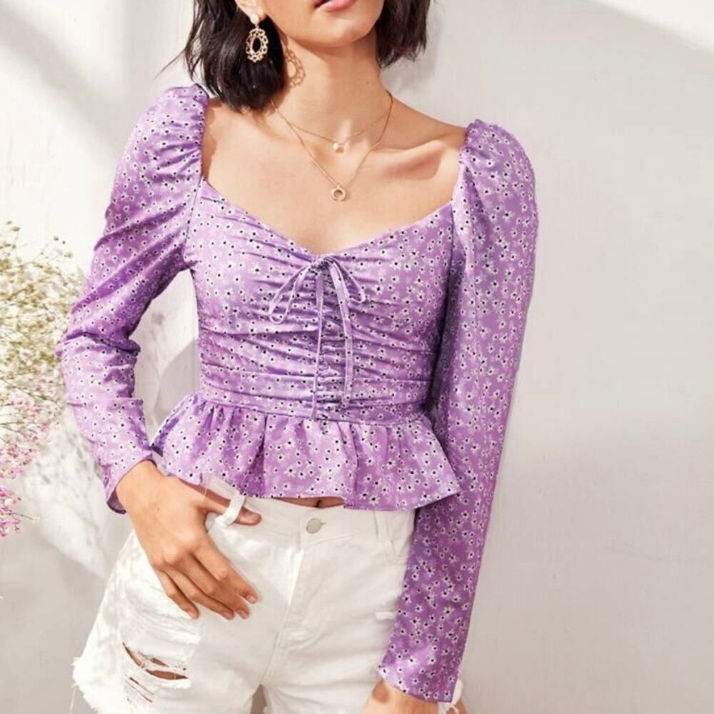 New Zara Purple Daisy Floral Long Sleeve Crop Top Size Large